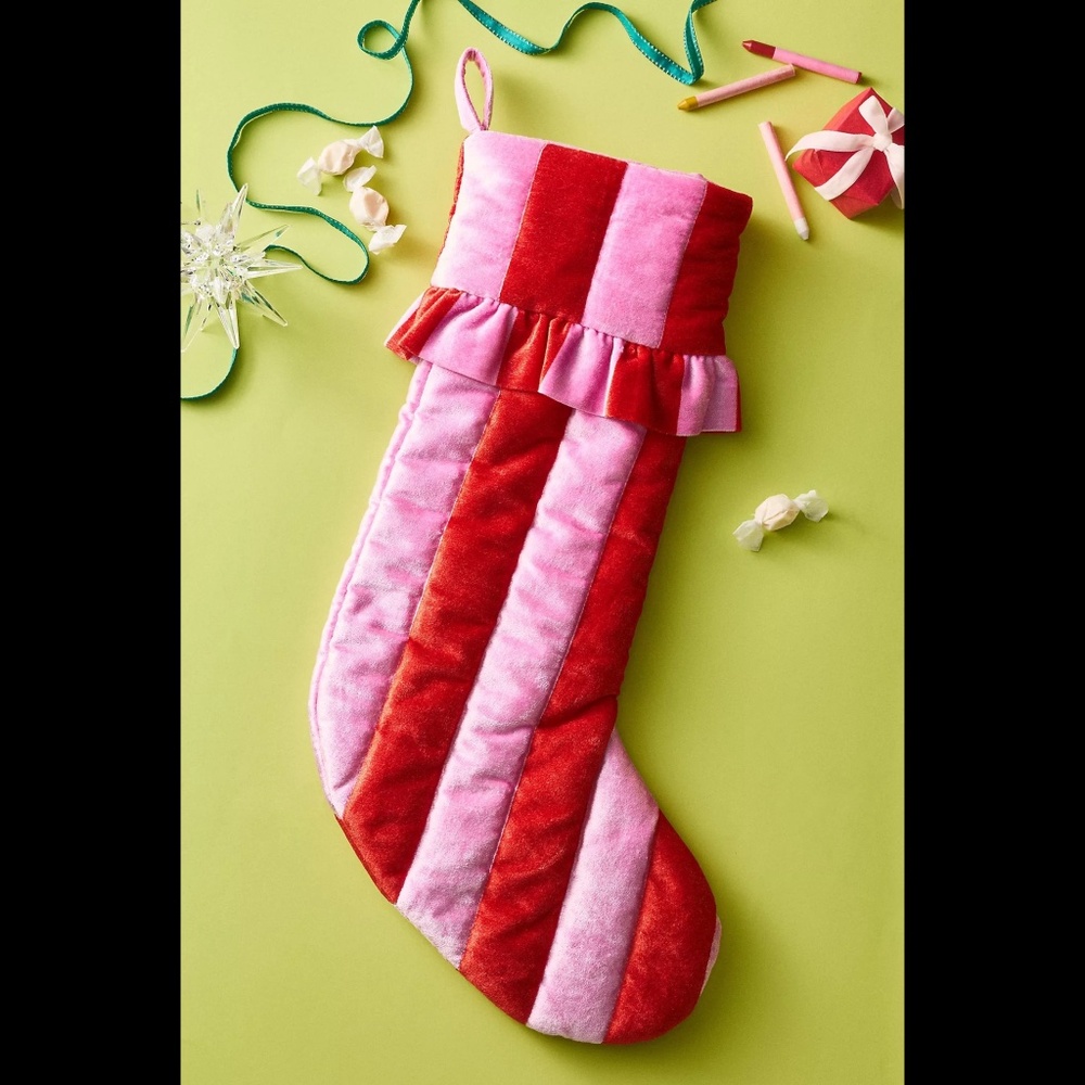 Anthropologie Ruffled Stripe Christmas Stocking